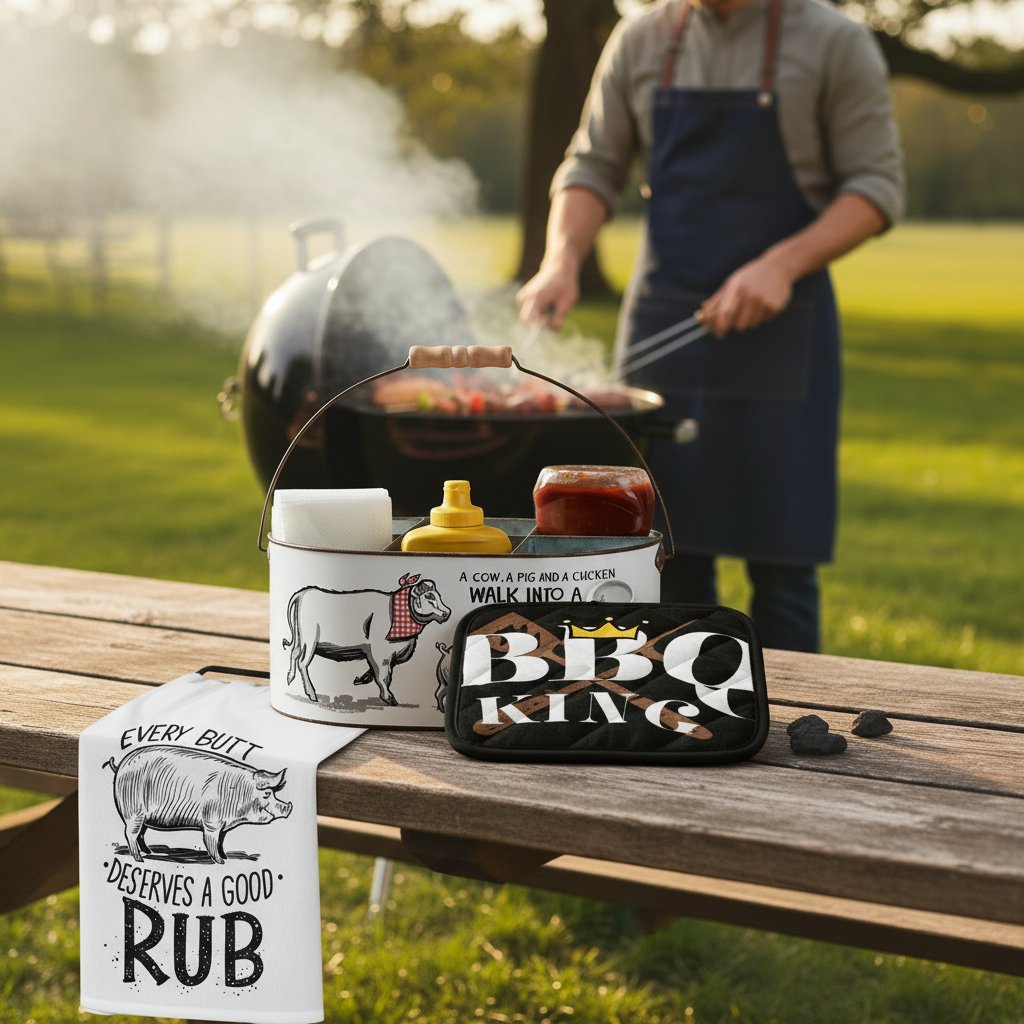BBQ King potholder, pig kitchen towel and pig caddy