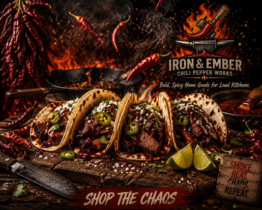 Smoky chipotle brisket tacos with jalapeños, cotija cheese, and lime on charred flour tortillas