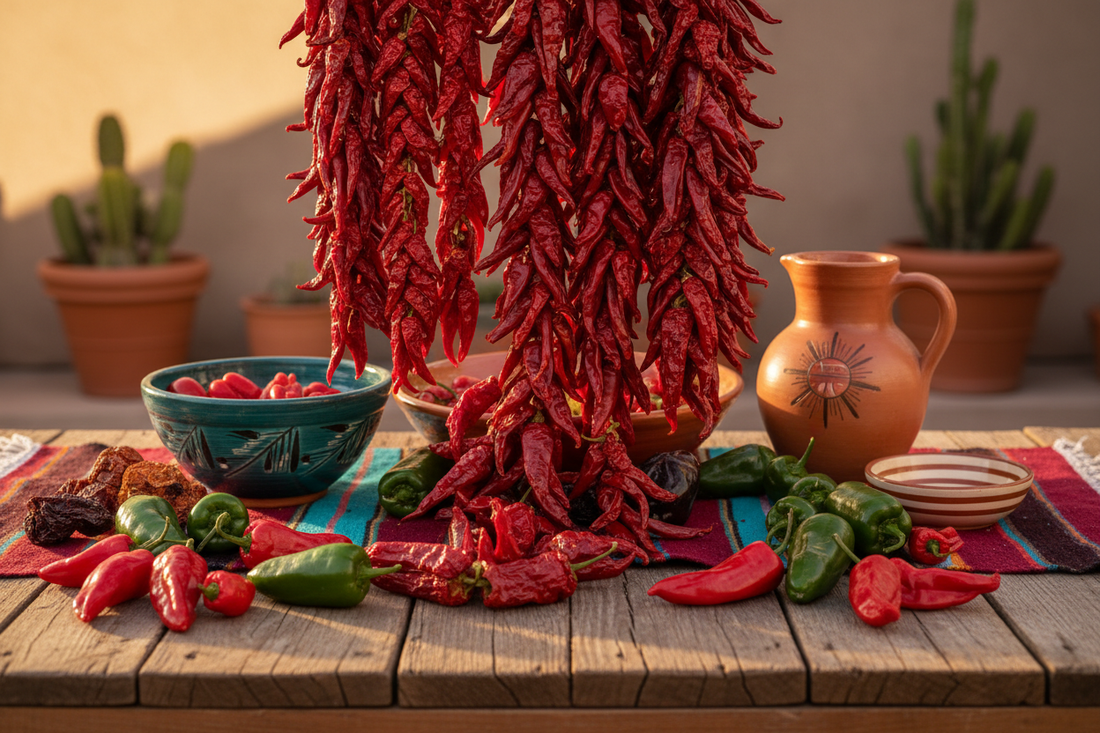 Vibrant red chili peppers and a traditional ristra representing Mexican culinary heritage and southwestern culture