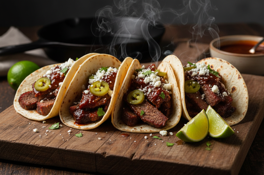 Smoky chipotle BBQ brisket tacos on charred flour tortillas topped with pickled jalapeños, cotija cheese, red onion, and fresh cilantro