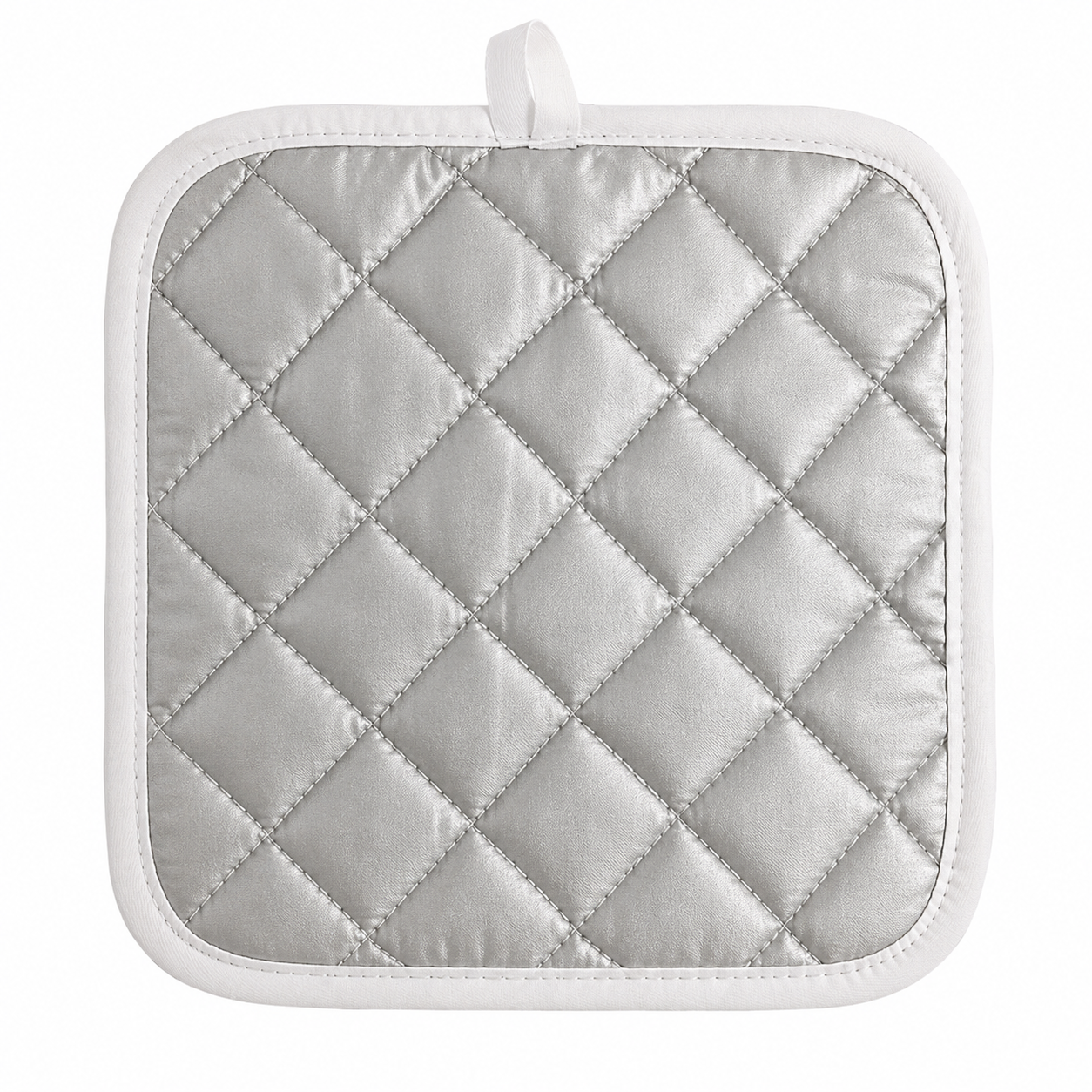 Quilted pot holder with diamond pattern on a white background