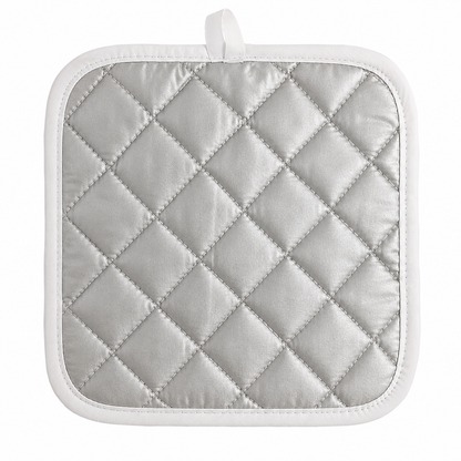 Quilted pot holder with diamond pattern on a white background