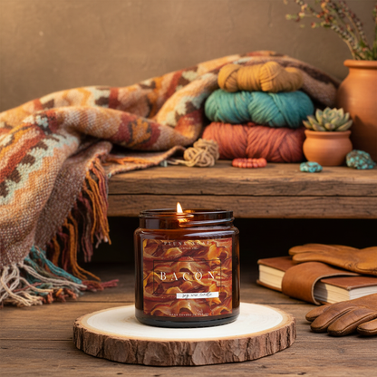 Bacon Scented Soy Candle with artisan background