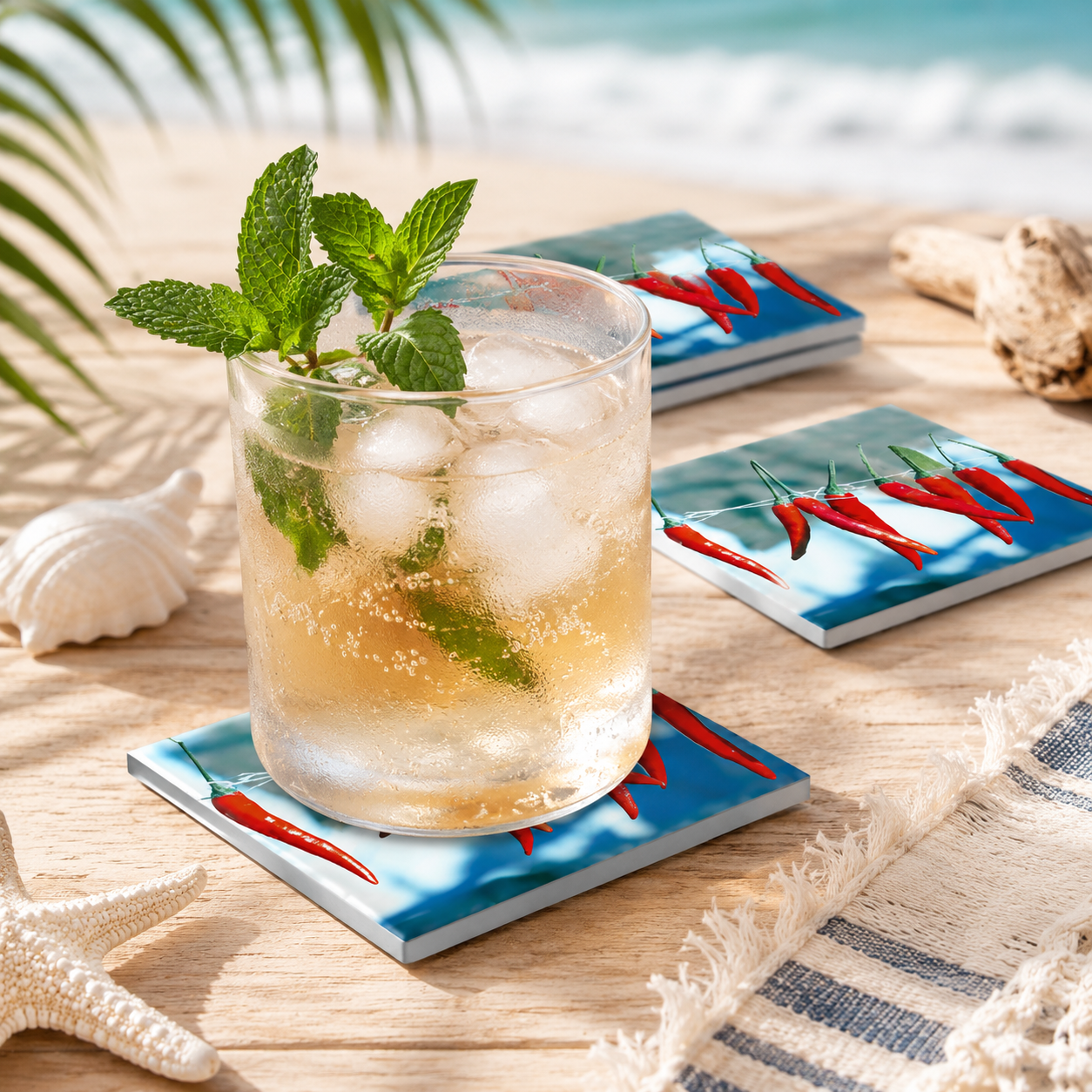 Glass of iced drink with mint leaves on ceramic coasters on a beach setting featuring chili peppers.