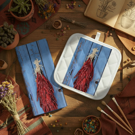 Chili Pepper kitchen towel and potholder with a blue door background