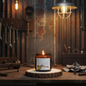 Gasoline Scented Candle with garage background