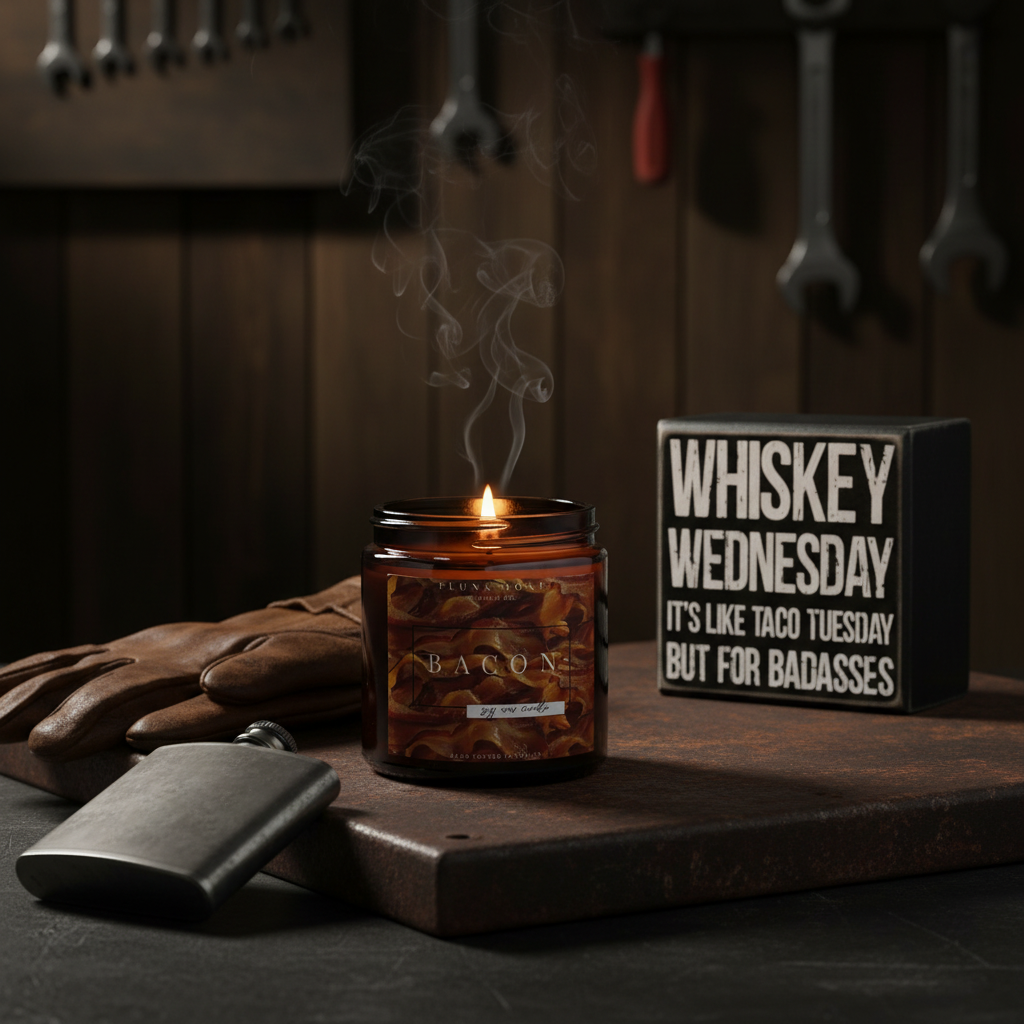 Whiskey Wednesday it's like taco Tuesday but for badasses sign and bacon soy candle