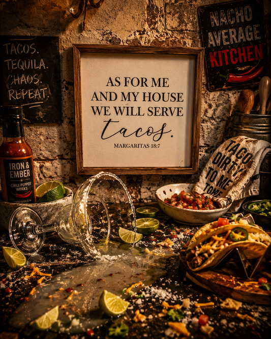 Tacos. Margaritas. Chaos. Amen. — Box Frame Sign