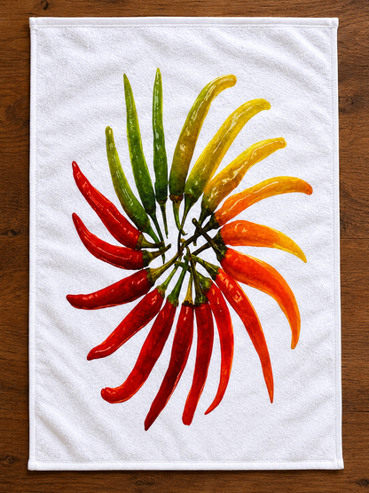 Tea towel with red, green, and yellow chili pepper design on a white background