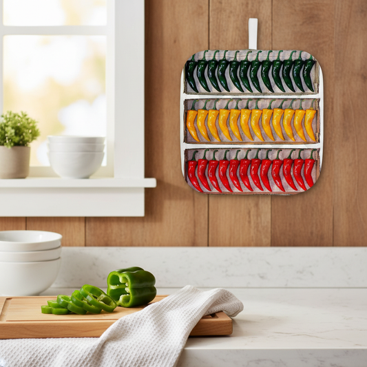 Rows of red, green and yellow chili peppers on a potholder.