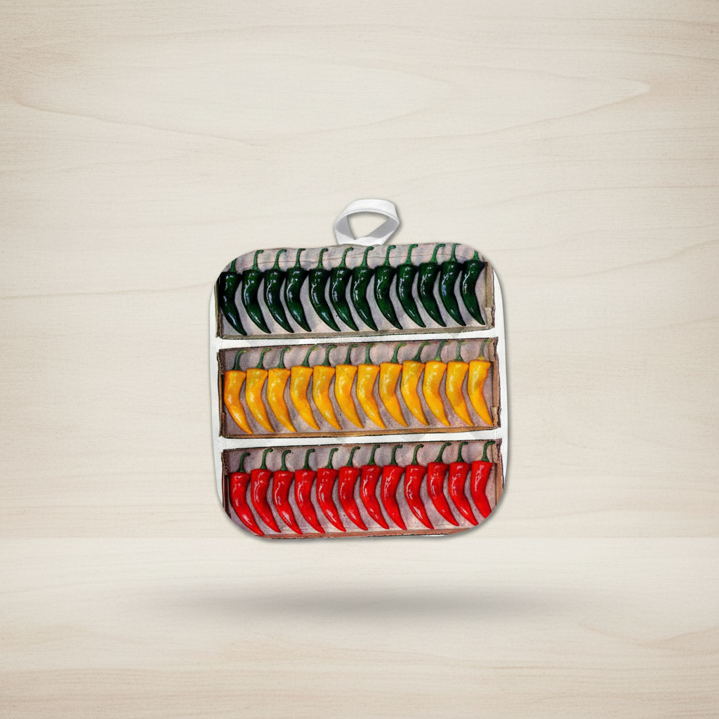 Rows or green, yellow and red chili peppers on a potholder with minimalist background.