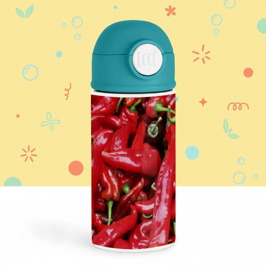 Red chili pepper stainless steel drink container with playful background
