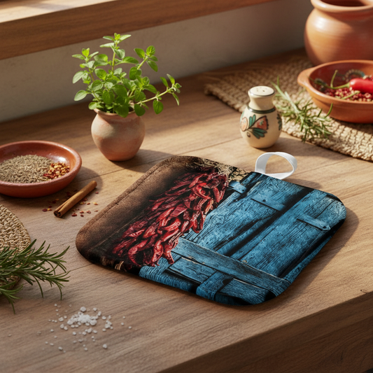 Red Rustic Chili Pepper Ristra Potholder on Counter