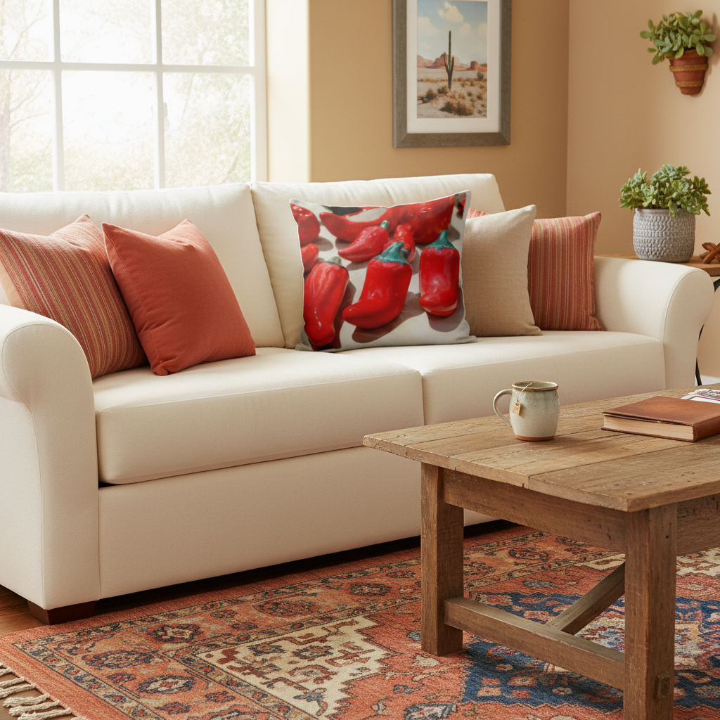 Red chili pepper throw pillow sitting on a beige sofa with other pillows