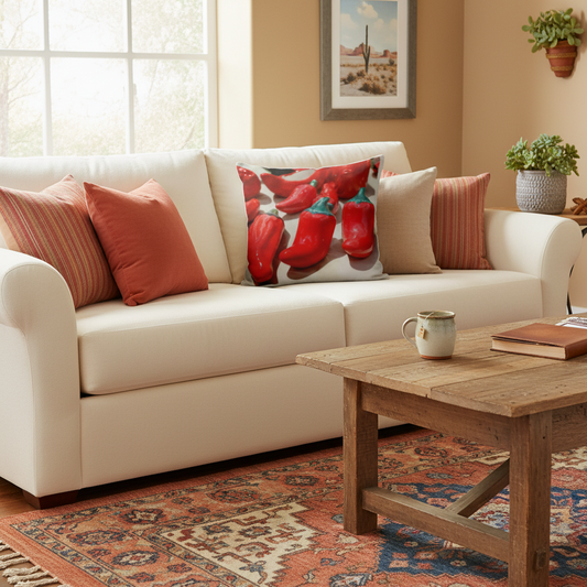 Red chili pepper throw pillow sitting on a beige sofa with other pillows
