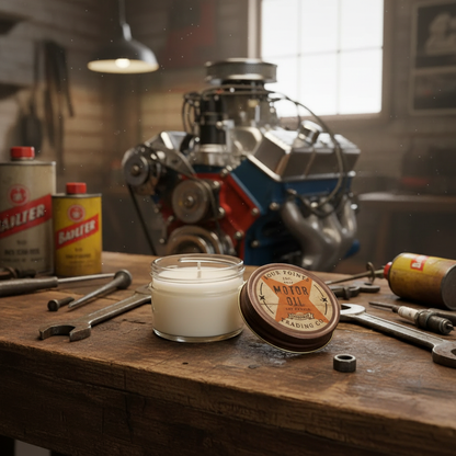 Rev Up the Vibes Motor Oil Candle - Garage Lifestyle Shot