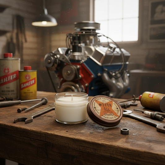 Rev Up the Vibes Motor Oil Candle - Garage Lifestyle Shot