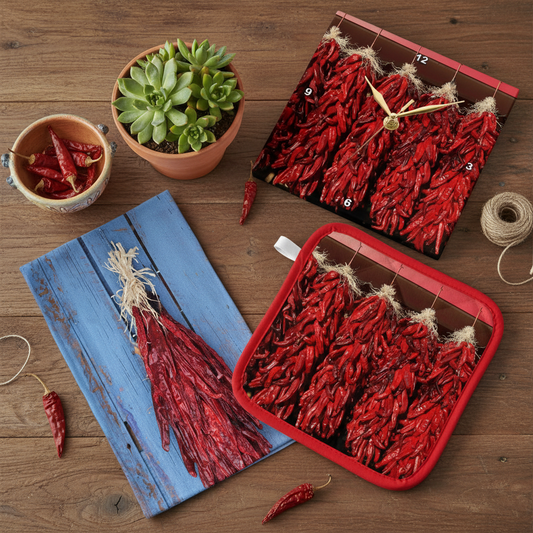 Chili Pepper ristra clock, potholder and dish towel on a wooden table