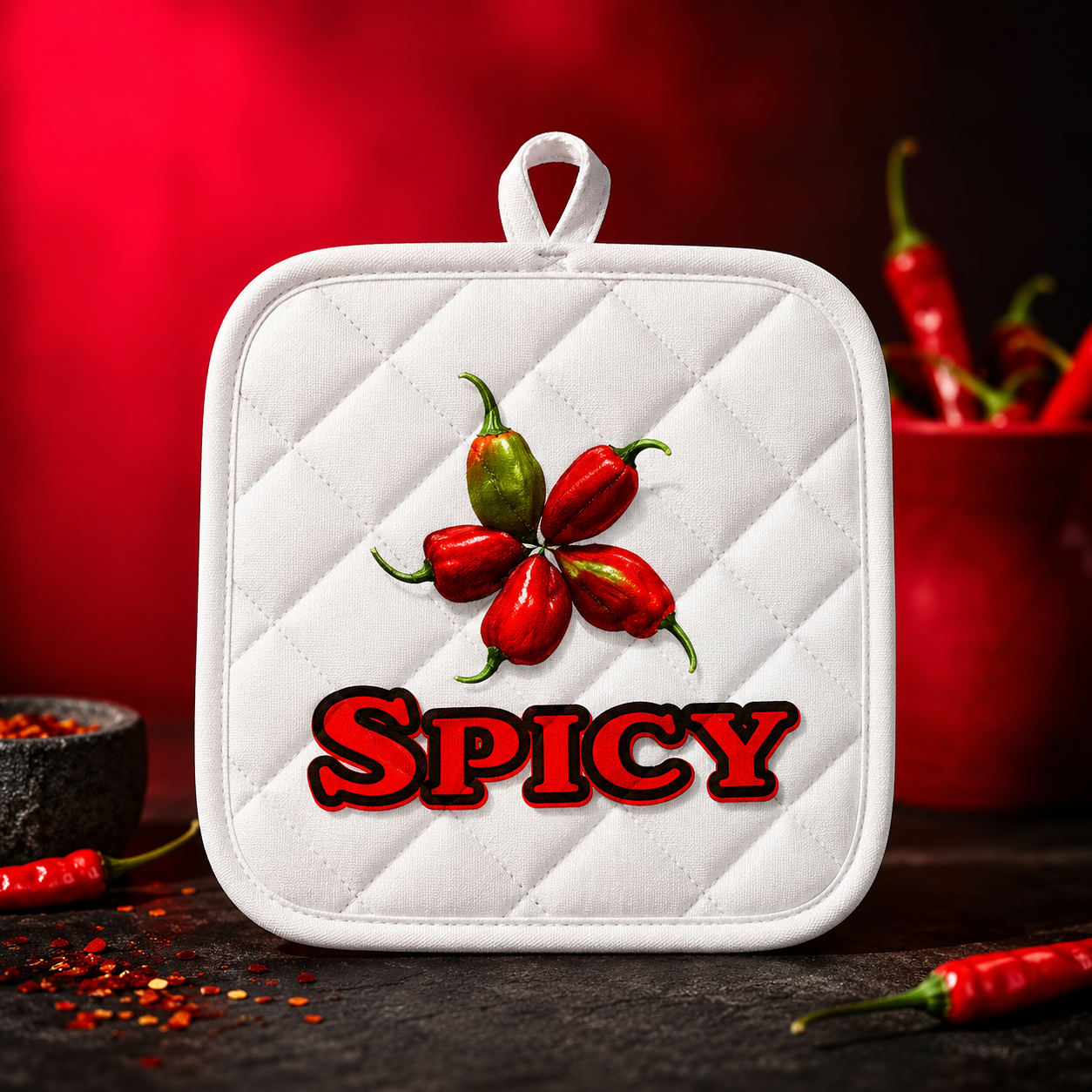 White quilted potholder with red and green chili peppers and 'SPICY' text on a white background.