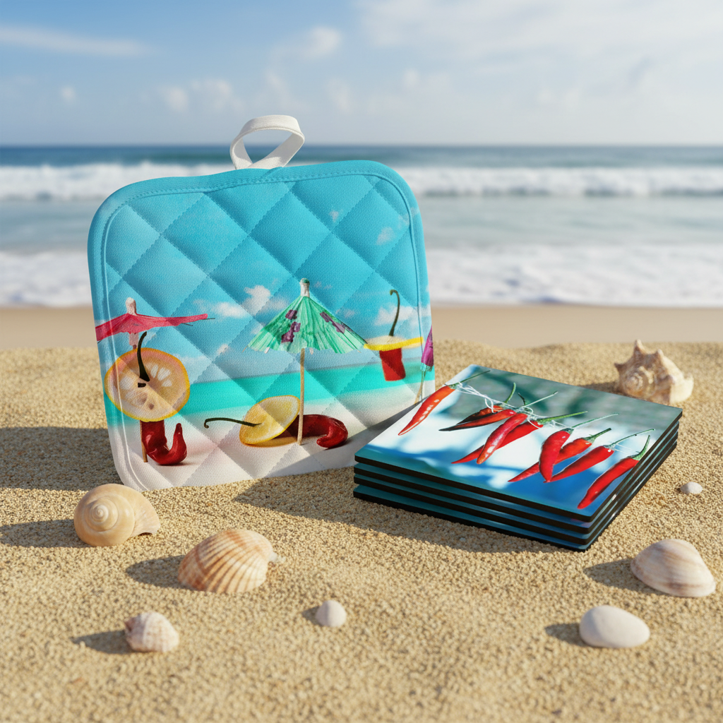Chili Pepper beach potholder and ceramic coasters with chili peppers.