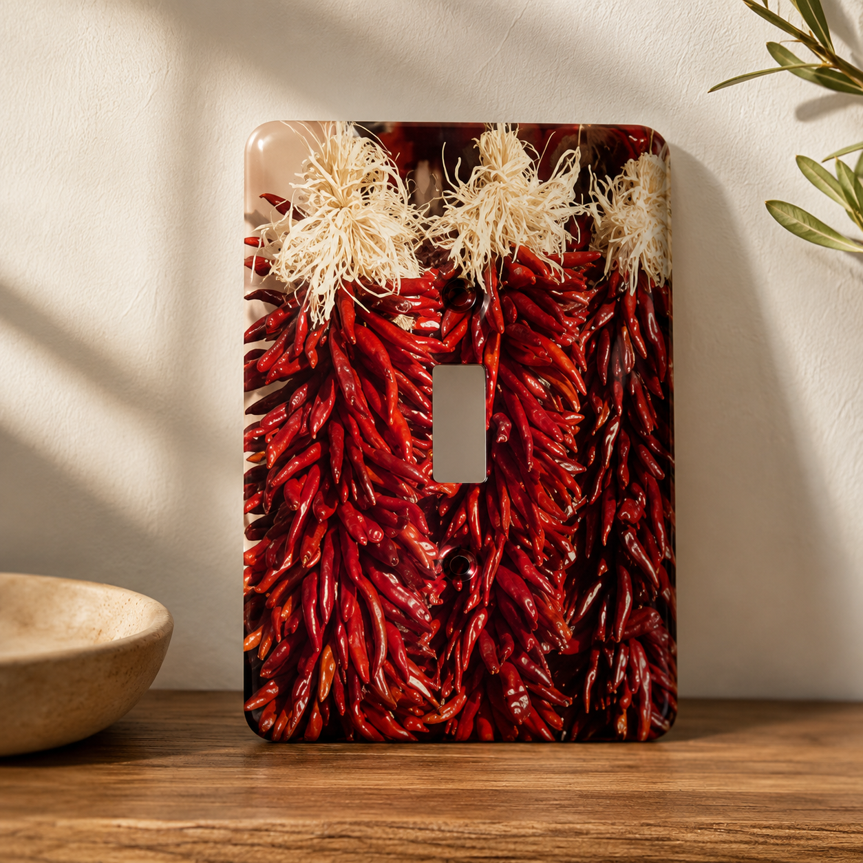 Decorative light switch cover with red chili pepper design on a wooden surface.